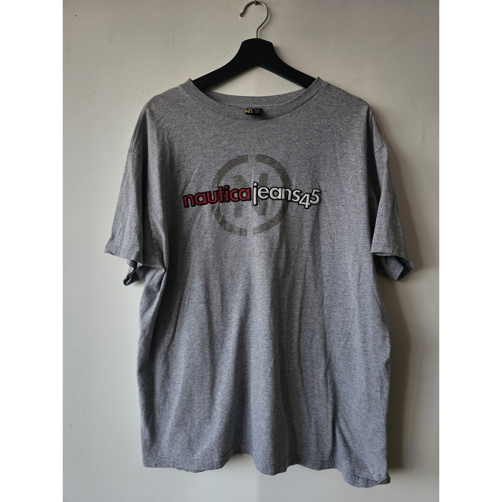 Nautica Jeans Company Shirt Mens Large Gray Spell Out Logo Graphic 90s Style Tee
